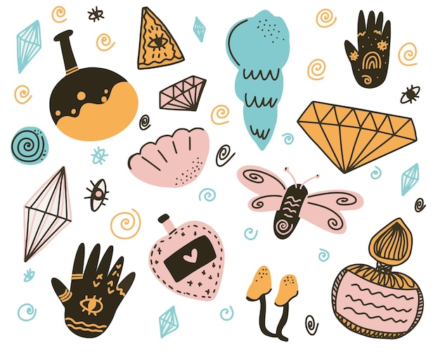 Esoterische trendy heldere stickers geïsoleerd op witte achtergrond