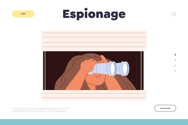 Espionage concept of landing page with young woman spying sneaking Girl with binocular peeping