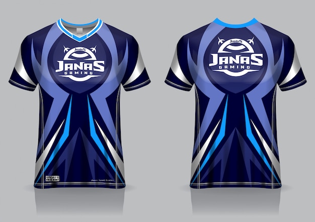 Esport gaming t-shirt jersey sjabloon, uniform, voor- en achteraanzicht