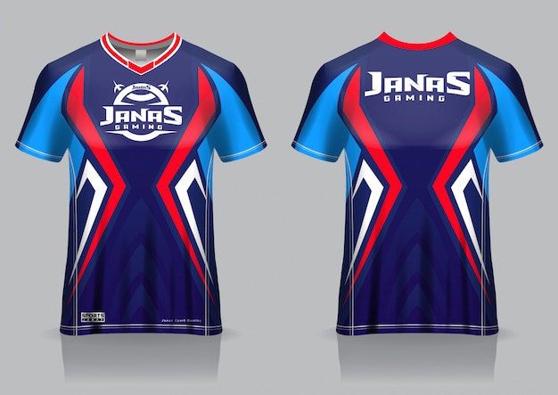 Esport gaming t-shirt jersey sjabloon, uniform, voor- en achteraanzicht