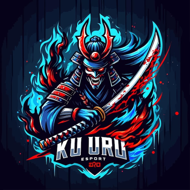 Un logo esport di un samurai con la modalità splash blood rage che brucia una fiamma nera e blu