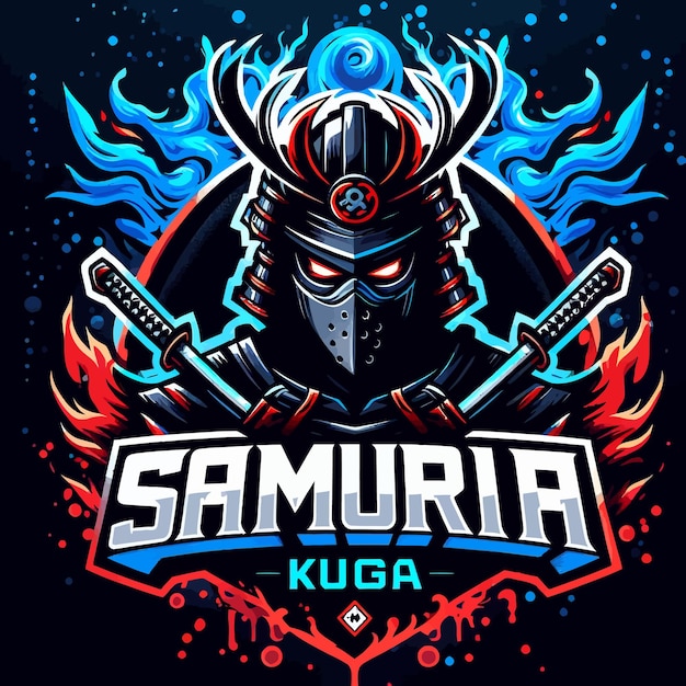 An esport logo of a samurai with splash blood rage mode burning black and blue flamesAn esport logo