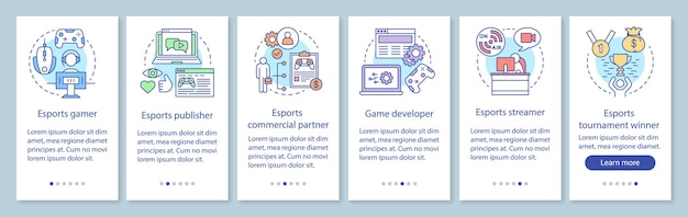 Schermata della pagina dell'app mobile di onboarding degli esport con concetti lineari. concorso di videogiochi. istruzioni grafiche per la procedura dettagliata del torneo di gioco. modello vettoriale ux, ui, gui con illustrazioni