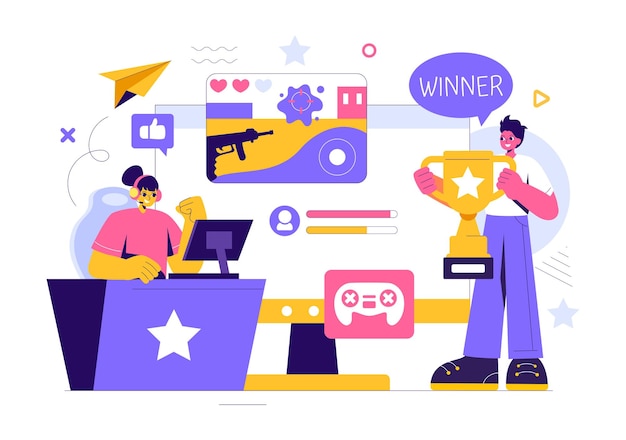Esports Vector Illustratie met een Gamer in Virtual Reality die online games speelt op consoles of een joystick gebruikt met een gamepad op de achtergrond