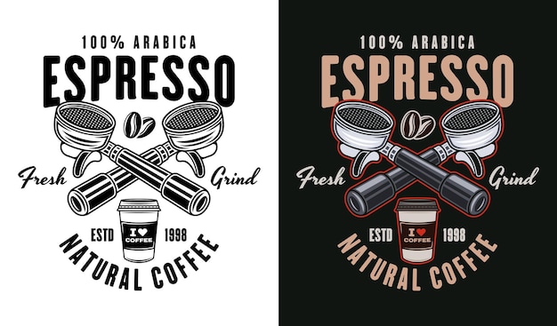 Emblema vettoriale del caffè espresso logo badge o etichetta con portafiltri in due stili nero su bianco e colorato