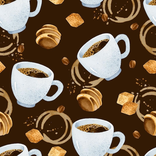 暗い背景にチョコレートとコーヒー豆の水彩画のシームレスなパターンとエスプレッソカップ