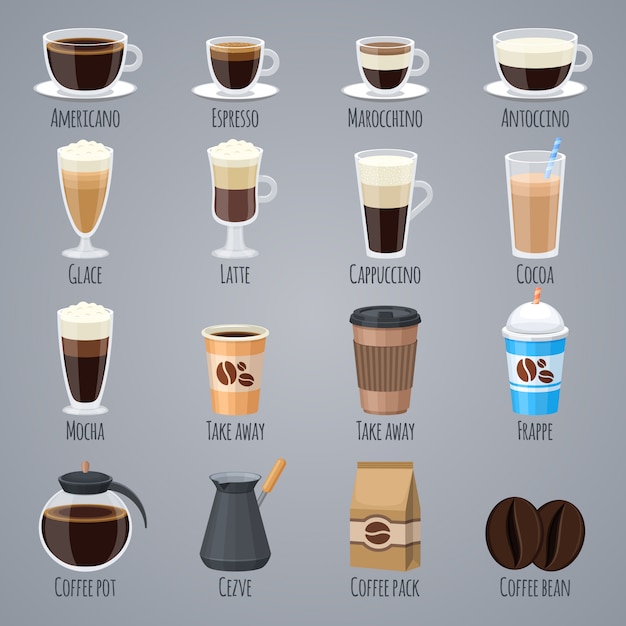 エスプレッソ、ラテ、グラスとマグカップのカプチーノ。コーヒーハウスメニューのコーヒーの種類。