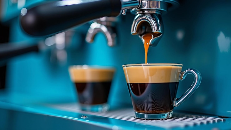 Vector espresso machine brewing coffee into elegant gold cups