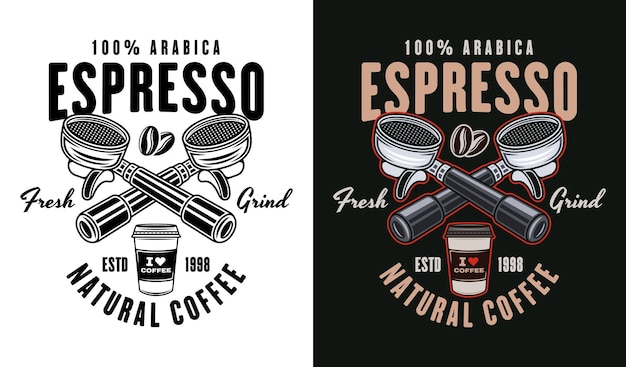 Vector espresso vector logo embleem badge of label met portafilters in twee stijlen zwart op wit en gekleurd