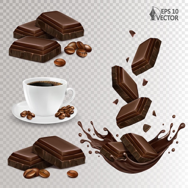 Вектор Эспрессо с кофейными зернами темный шоколад, попадающий в жидкий всплеск реалистичная векторная иллюстрация