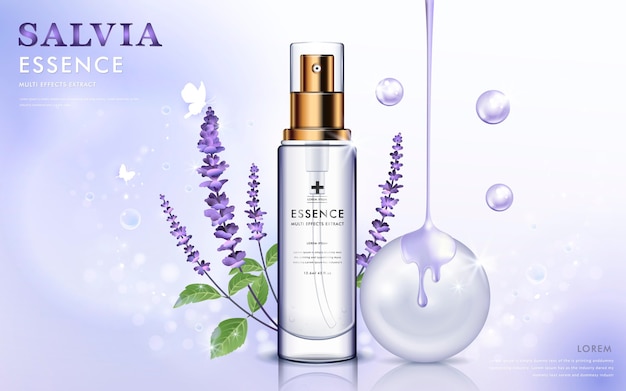 Essence bottle with purple salvia and oil dripping from top