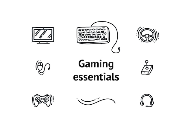 Essential equipment for video games fans. Doodle vector illustration