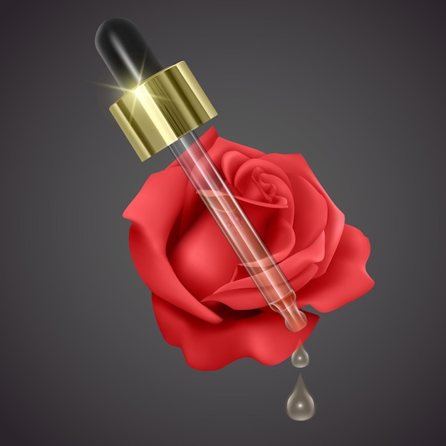 Essential rose oil, realistic 3d illustration. Hydration serum with rose extract. Perfect for advertising, flyer, banner, poster. Vector EPS 10