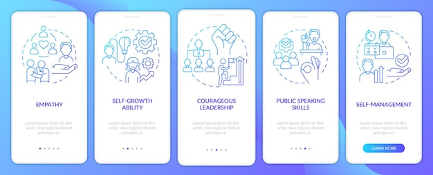 Essential soft skills blue gradient onboarding mobile app screen