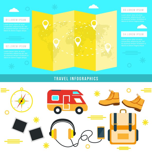 Essenziali accessori da viaggio per infografia