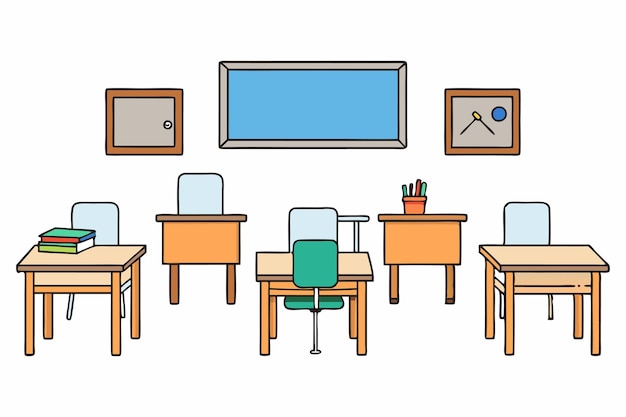 Essentials in de klas bureaus stoelen en whiteboards vector illustratie cartoon clipart