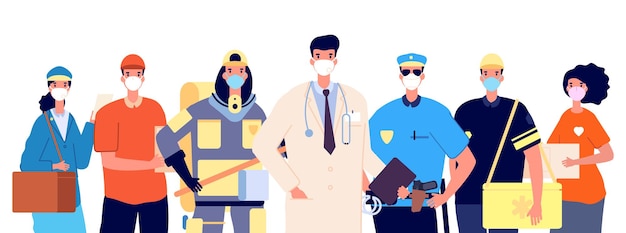 Essentiële werkers en frontliners. dokter politieagent brandweerman bezorgservice en vrijwilliger in beschermende maskers. geïsoleerde platte professionals werkten virus pandemische tijd vectorillustratie