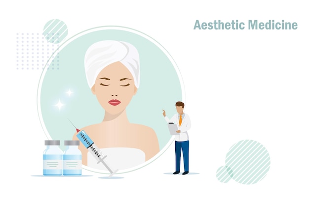 Vector esthetische arts met huidvullergeneeskunde en mooi vrouwengezicht idee voor esthetische geneeskunde