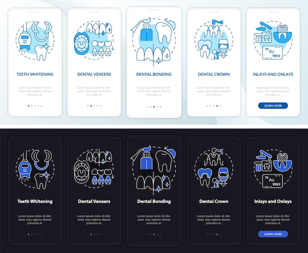 Esthetische tandheelkunde typen nacht- en dagmodus onboarding mobiele app-scherm Doorloop 5 stappen grafische instructiepagina's met lineaire concepten UI UX GUI-sjabloon Myriad ProBold Regelmatige gebruikte lettertypen