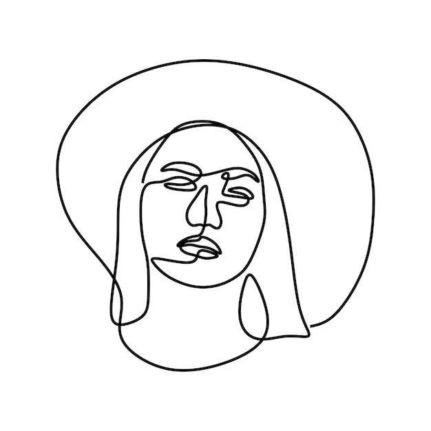 Esthetische vrouw draagt een hoed met één lijn doorlopende enkele lijntekeningen