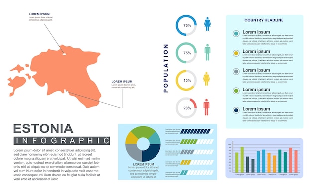 인구 및 인구 통계와 에스토니아 상세한 국가 Infographic 템플릿