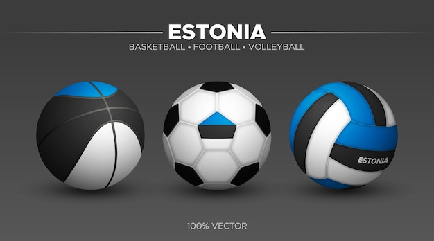 Vettore bandiera dell'estonia, pallacanestro, calcio, pallavolo, palle, mockup, 3d, sport, vettore, illustrazione, isolato