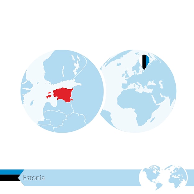 エストニアの旗と地域の地図で世界のエストニア。ベクトルイラスト。