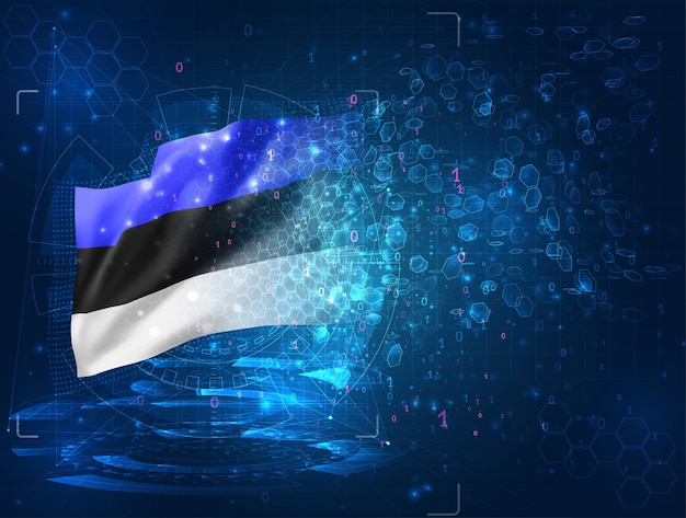 Estonia, vector 3d flag on blue background with hud interfaces