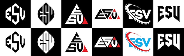 ベクトル 6 つのスタイルの esv 文字ロゴ デザイン esv 多角形、円、三角形、六角形のフラットでシンプルなスタイル、黒と白のカラー バリエーションの文字ロゴが 1 つのアートボードに設定 esv ミニマリストとクラシックなロゴ