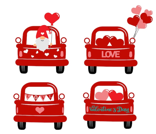 et valentine's red truck with hearts Flat vector illustration