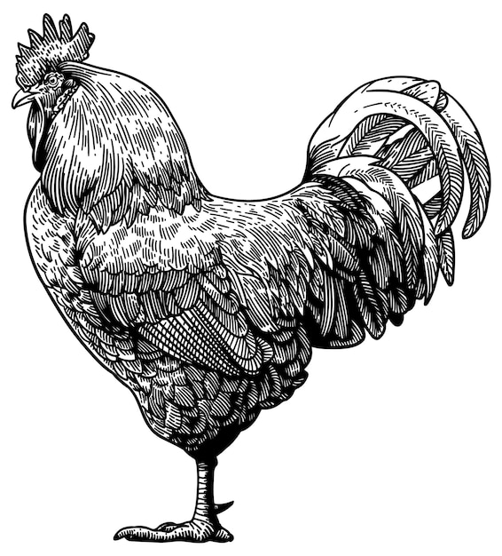 Etching style illustration of a standing rooster side view