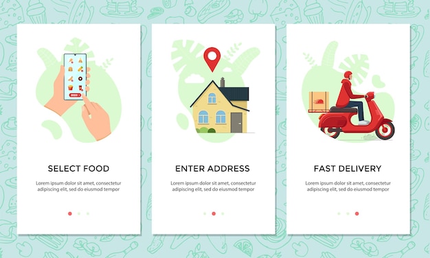 Eten bestellen online mobiele app bannerset. kies en bestel gerechtenmenu op smartphoneschermsjabloon. express scooter levering van café serviceconcept. product bromfiets logistieke vectorillustratie