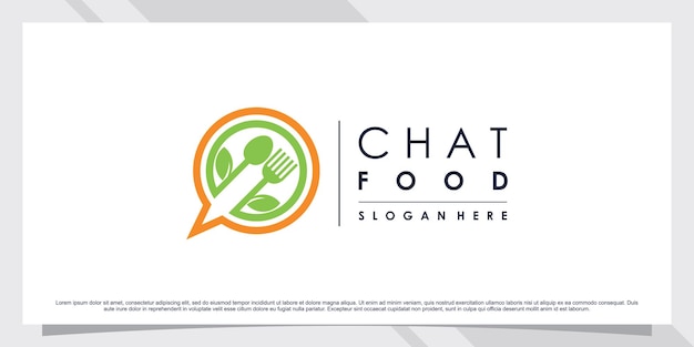 Eten chat pictogram logo-ontwerp voor restaurant met vorklepel en bladelement premium vector