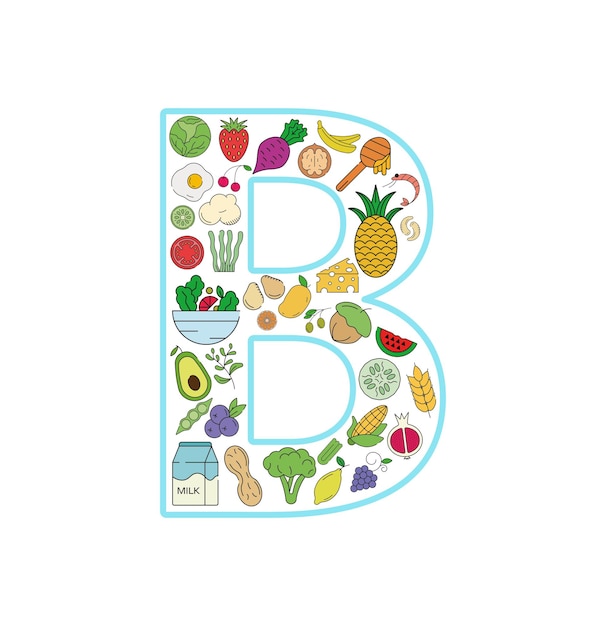 Eten en drinken collage icon set van letter B. Vector set essentiële allergenen en dieet lijn iconen