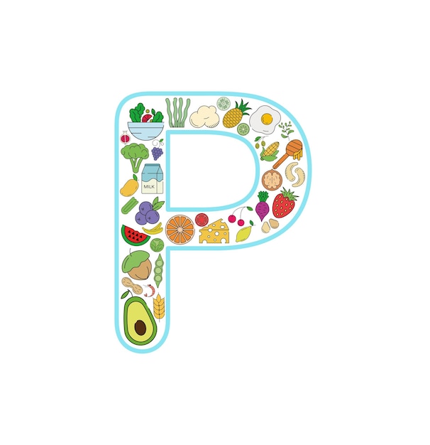 Eten en drinken collage icon set van letter P. Vector set essentiële allergenen en dieetlijn iconen