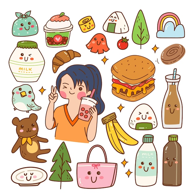 Eten en drinken kawaii doodle