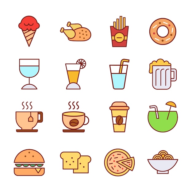 Eten en drinken pictogrammen instellen tekenen eenvoudig ontwerp logo illustratie