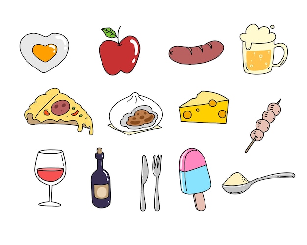 Vector eten en drinken tekening schattige kleurrijke doodle illustratie op witte achtergrond