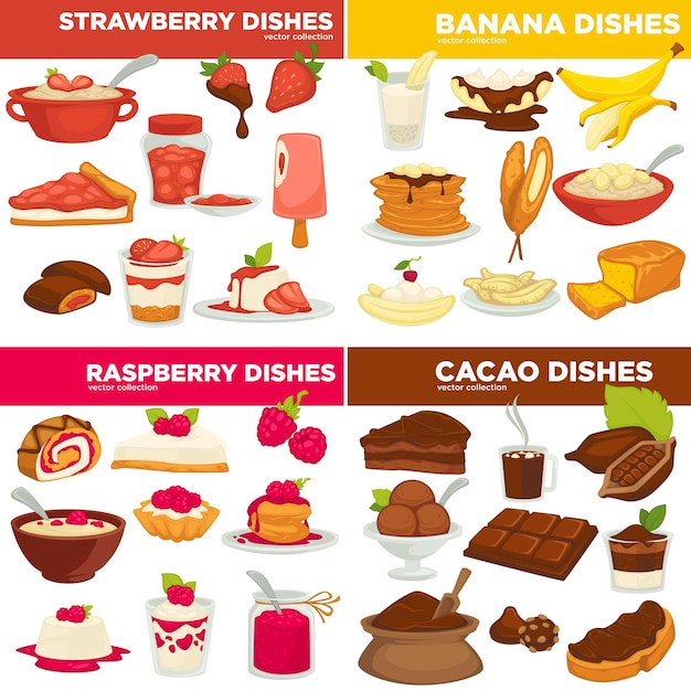 Eten en koken, aardbei en banaan, frambozen en cacao gerechten geïsoleerde maaltijden vector. Fruit havermoutpap en pannenkoeken, cake en chocoladereep. Jampotten en brood, bessenbroodje en ijs