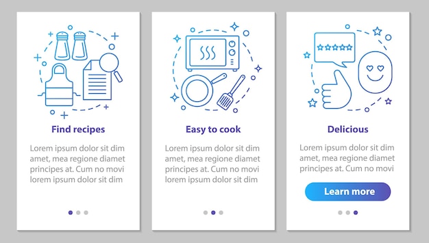 Eten koken onboarding mobiele app paginascherm met lineaire concepten. vind recepten, maaltijdbereiding, heerlijke grafische instructies voor gerechtstappen. ux, ui, gui vectorsjabloon met illustraties