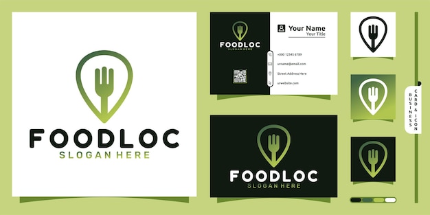 Eten locatie logo met pin navigatie modern concept en visitekaartje ontwerp