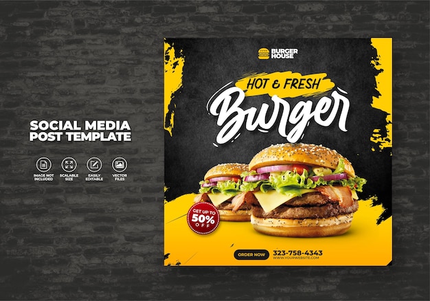 Eten restaurant voor social media sjabloon speciale fresh burger menu promo