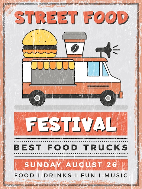 Vector eten straatfestival. keuken in auto mobiele van buiten snelle catering levering vector vintage poster