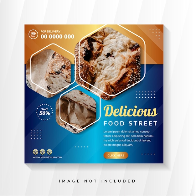 Eten street menu banner template social media post template met blauwe en gouden achtergrond met kleurovergang