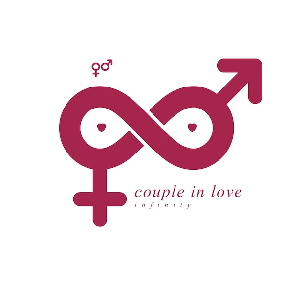 Eternal couple conceptual logo, vector symbol created with infinity sign and male mars an female venus signs. relationship idea.