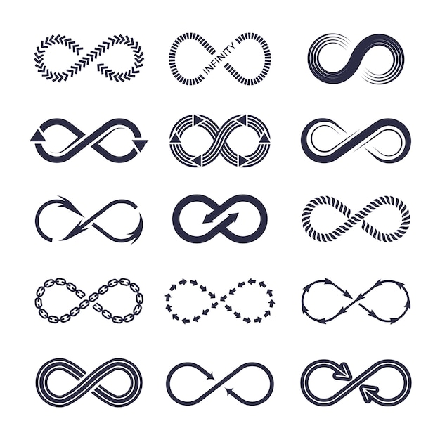 Eternity symbols. vector monochrome icon collection of infinity logotypes