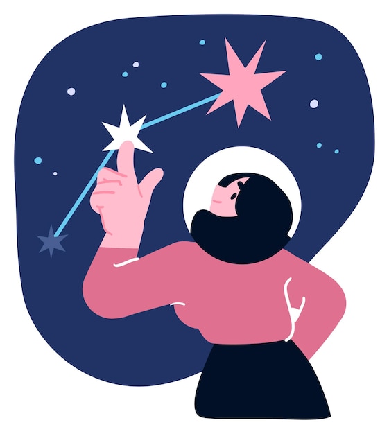 Vector ethereal female astronomer touching the stars