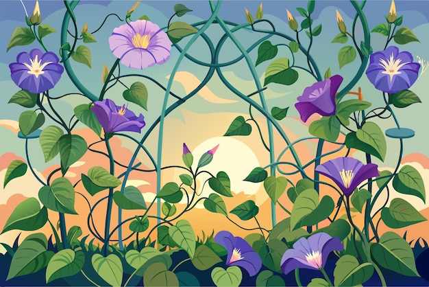 벡터 ethereal morning glories climbing a trellis