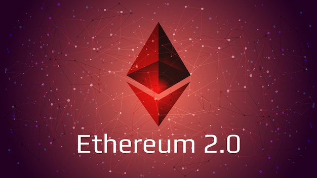 Ethereum 20 updated cryptocurrency coin symbol on abstract polygonal red background New direction after hard fork ProofofStake PoS consensus Vector EPS10