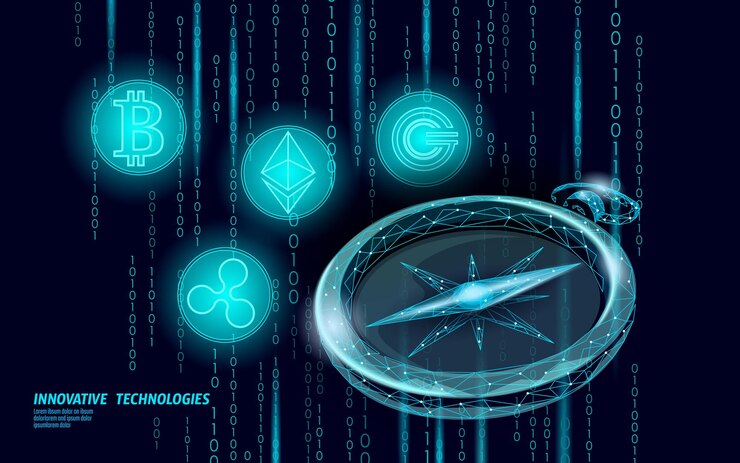 Vector ethereum bitcoin ripple coin digital cryptocurrency compass online payment.